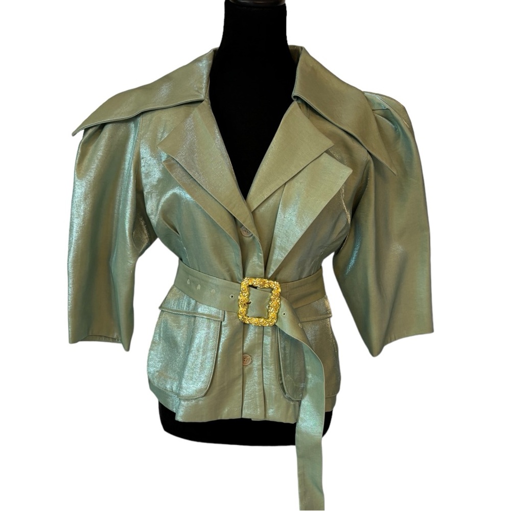 Cream Metallic Sheen Belted Jacket - Picture 14 of 15